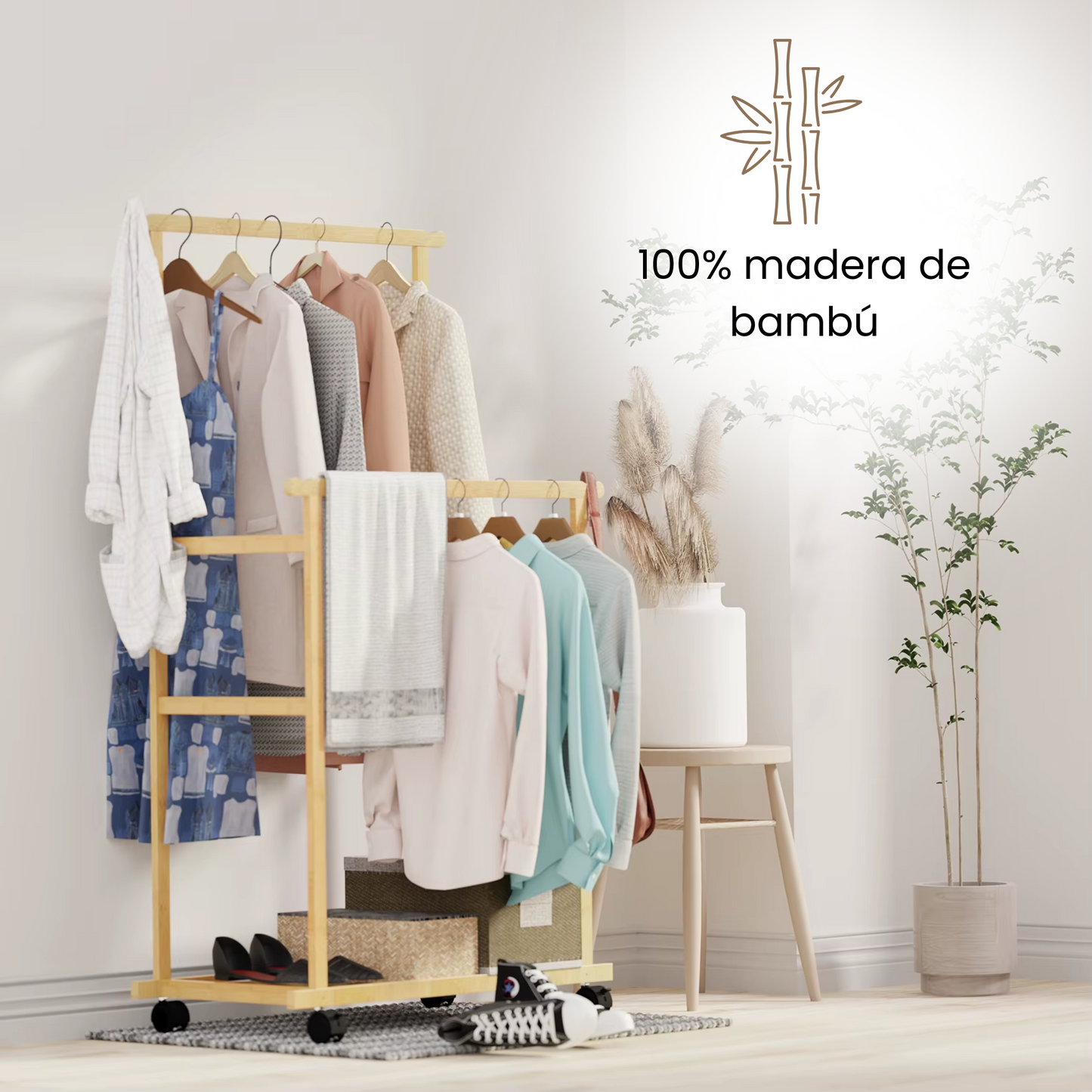 Bamboo Clothes Rail Rack Double Hanging Rails Clothes Rack on Wheels Free Standing Garment Rack with Storage Shelves Coat Rack