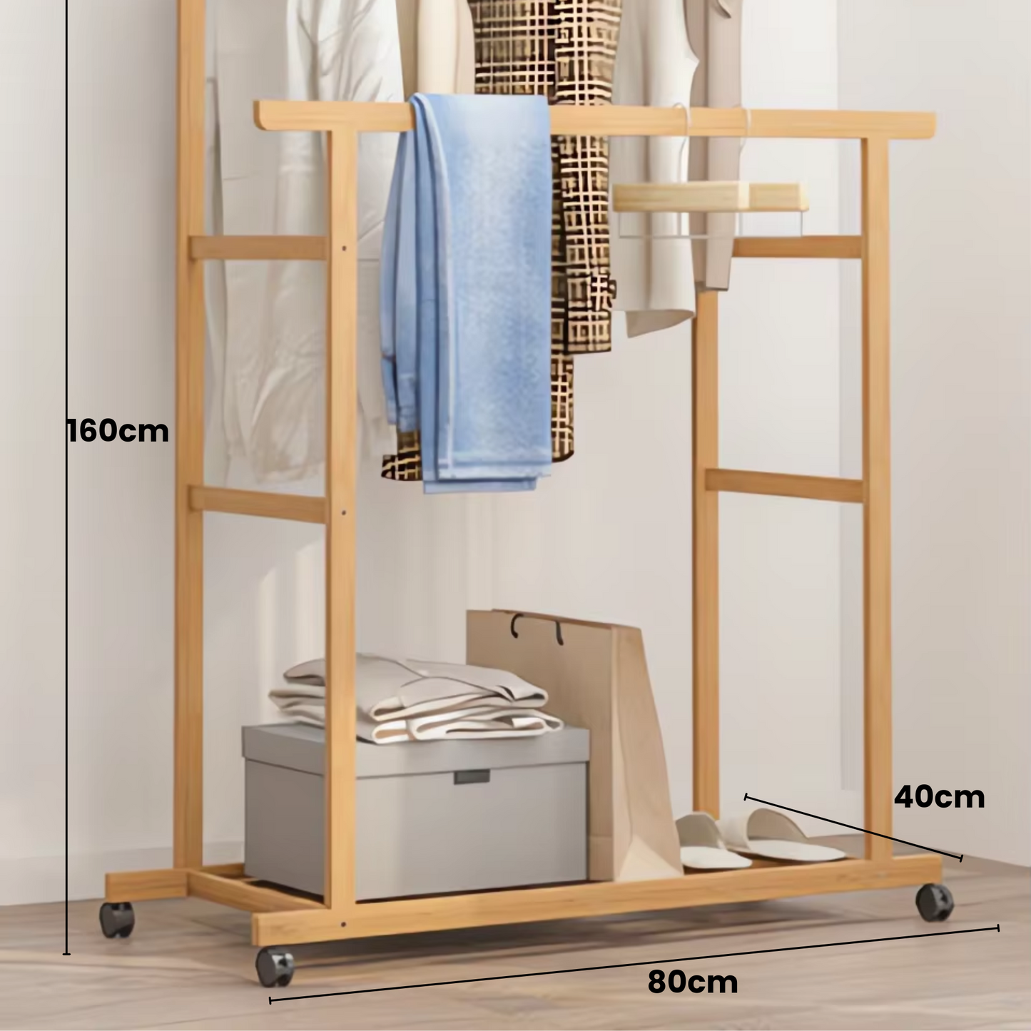 Bamboo Clothes Rail Rack Double Hanging Rails Clothes Rack on Wheels Free Standing Garment Rack with Storage Shelves Coat Rack